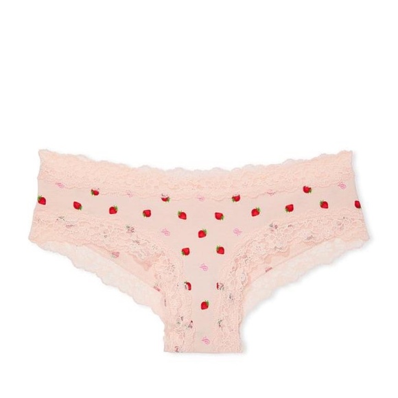 Victoria's Secret Lace-Waist Cotton Cheeky Panty Purest Pink Strawberries L NEW - Picture 1 of 4